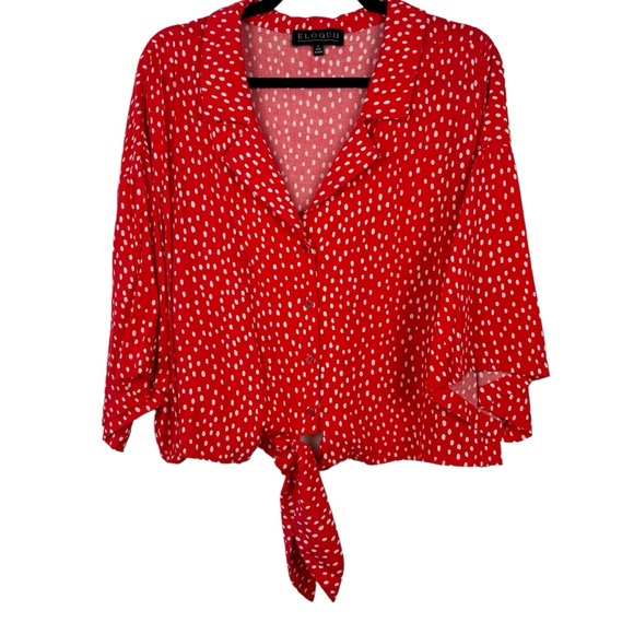 ELOQUII Red Polka Dot Button Down Front Tie Crop Shirt Plus Size 22 Pin-Up Retro - Picture 2 of 11
